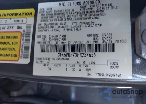 2017 Ford Fusion Se z USA, uszkodzony, nr VIN 3FA6P0H73HR237655